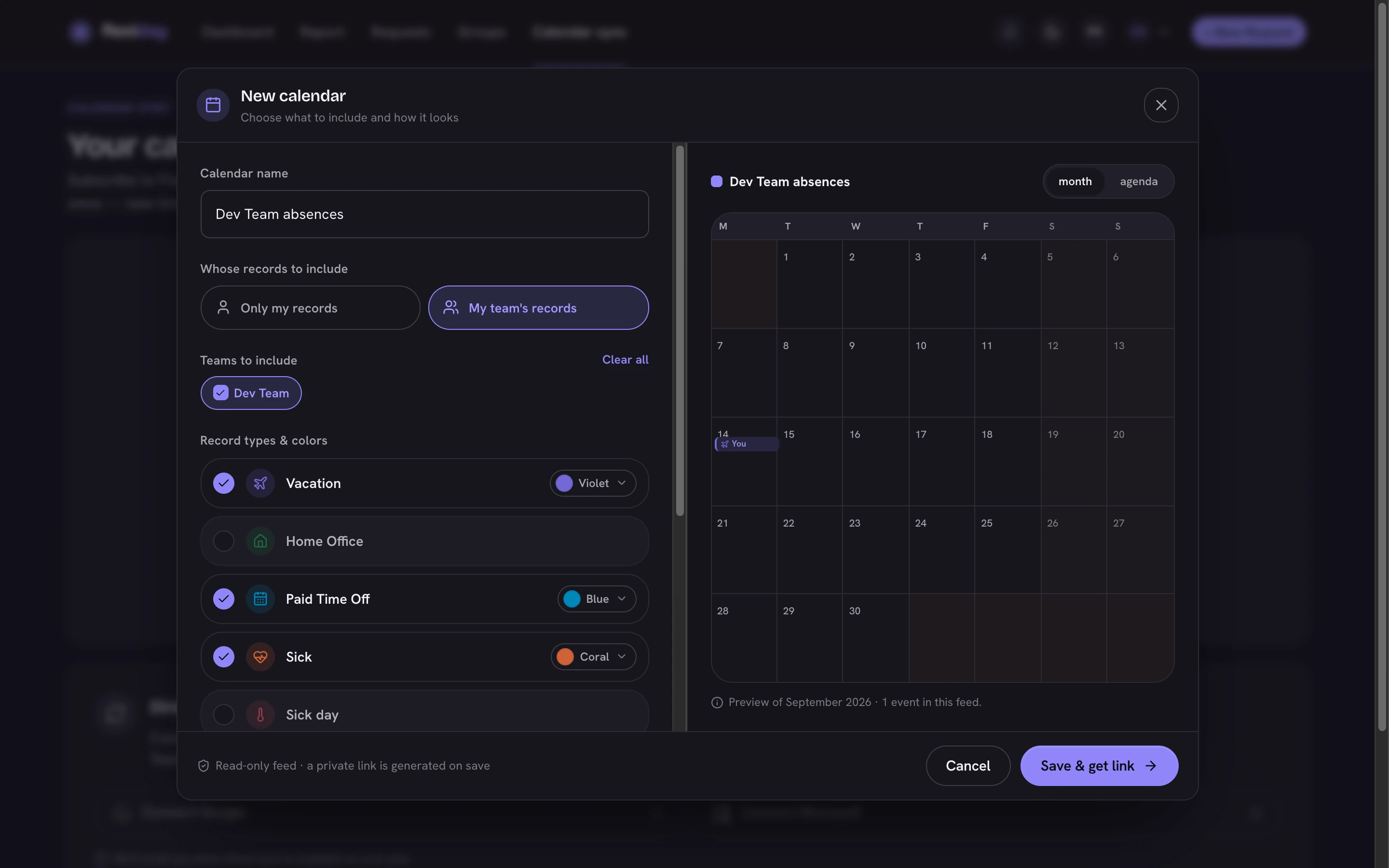 The new calendar feed dialog: choose whose records and which leave types to include, with a live month preview.