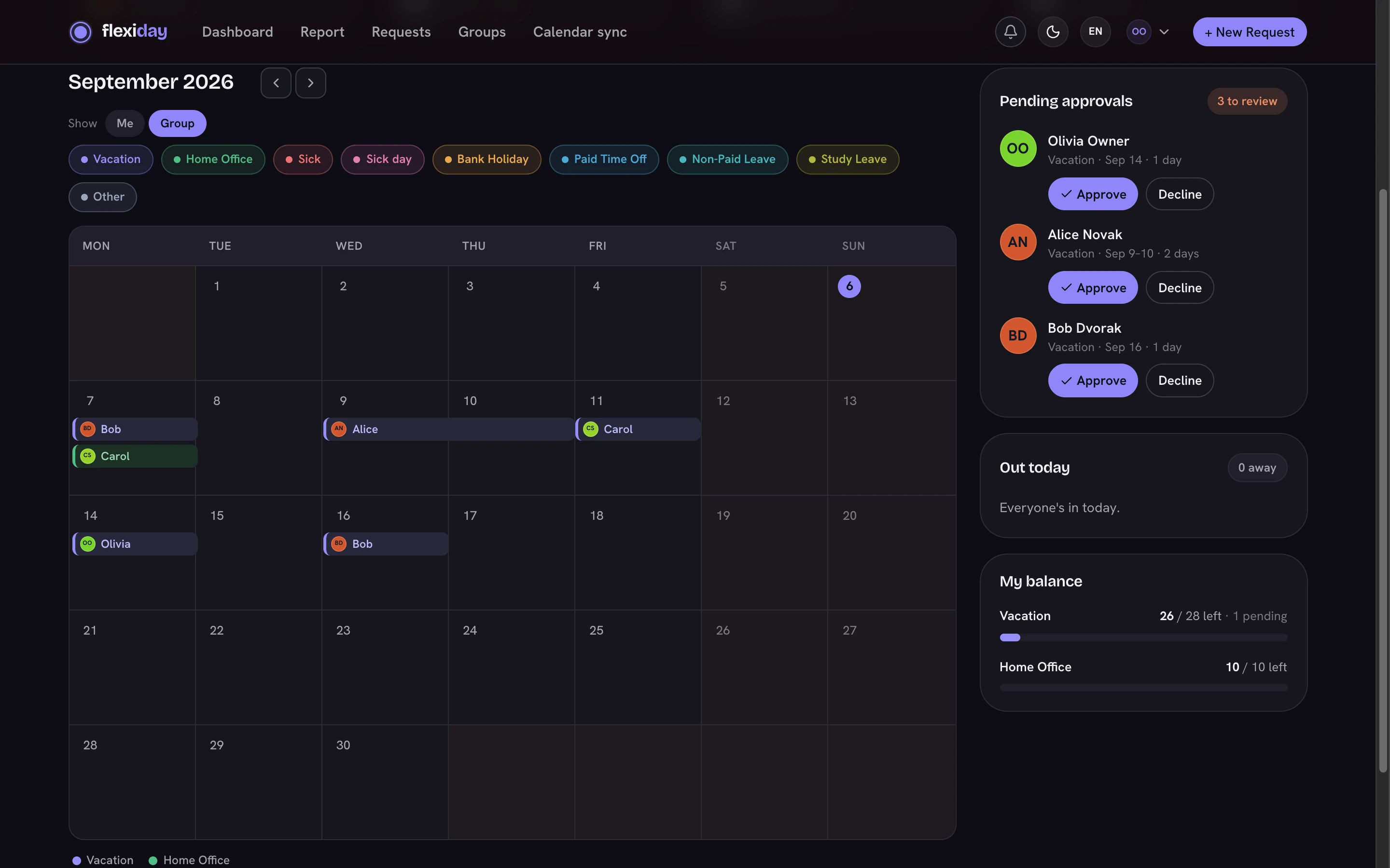 The flexiday team calendar for one month, with vacation, home office and sick days for four people shown as colour-coded chips.