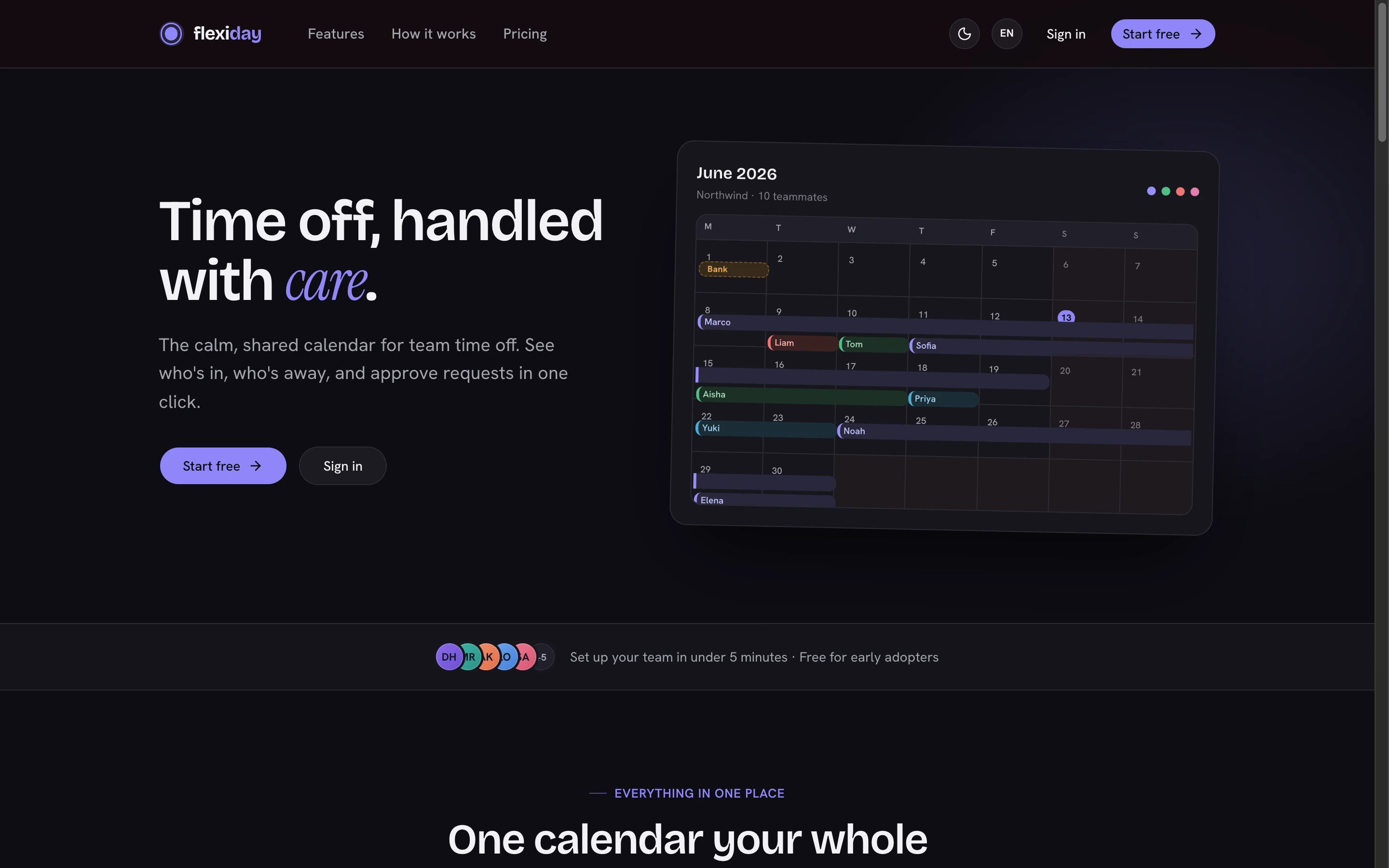 The public flexiday landing page in dark mode.