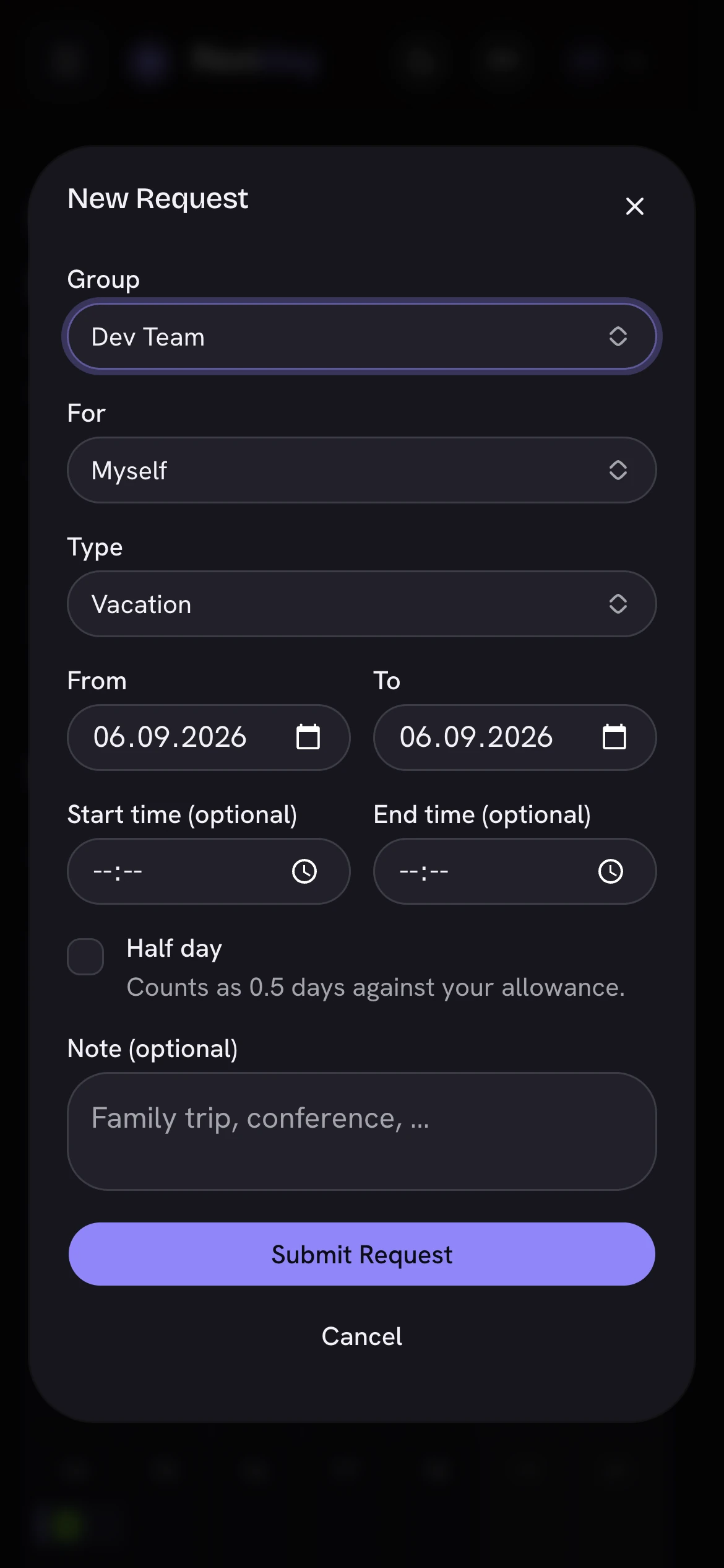 The new request form on a phone: leave type, date range and a note.